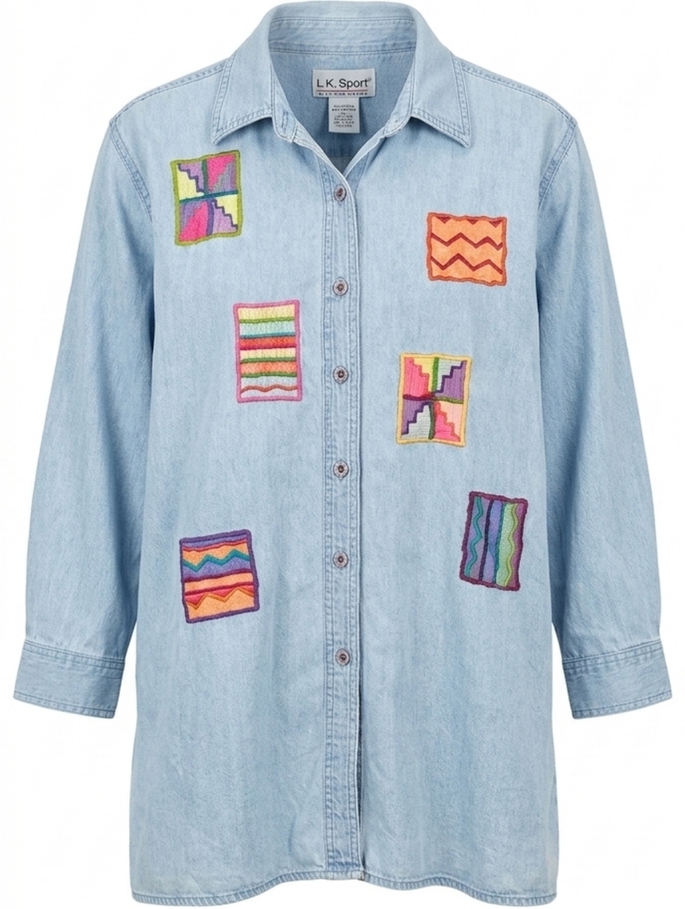 Vintage 90s Patchwork Denim Shirt Large Beaded Boho Art Teacher Chic - Picture 1 of 12